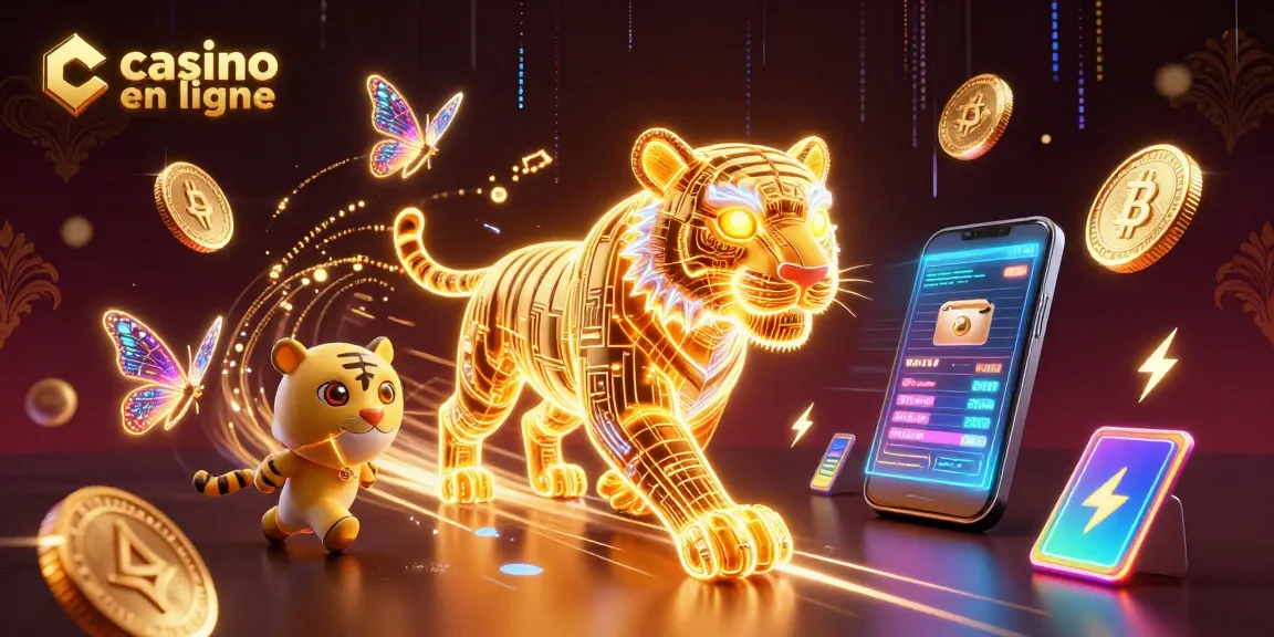Découvrez le casino en ligne avec des éléments numériques captivants, des pièces de crypto-monnaie et des lumières néon.