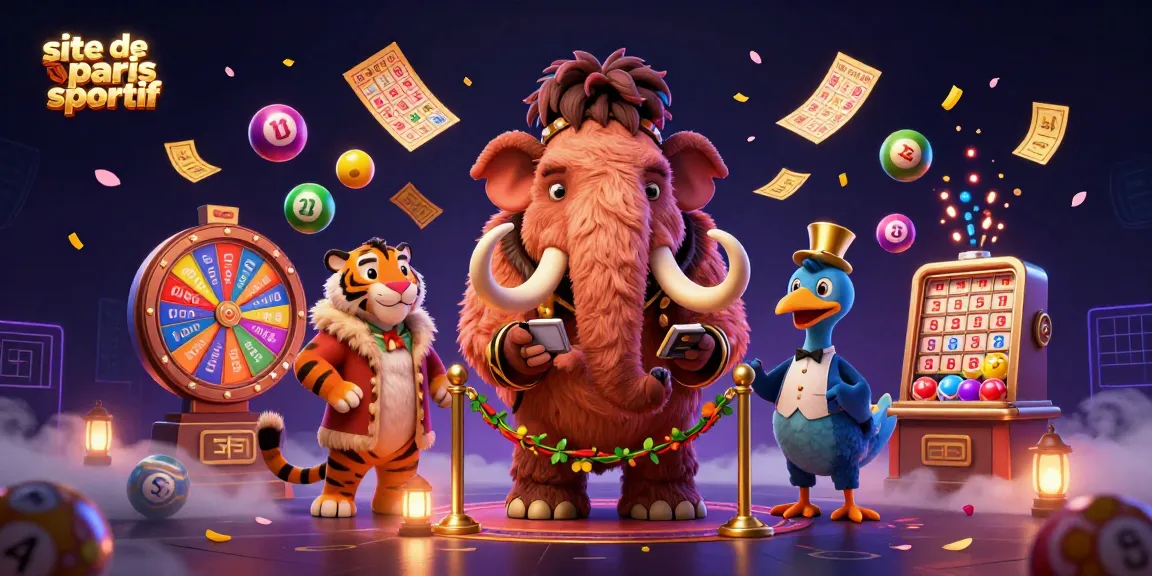 Pariez sur le site de paris sportif avec une atmosphère de jeu animée et colorée mettant en scène un mammouth, un tigre et un dodo.