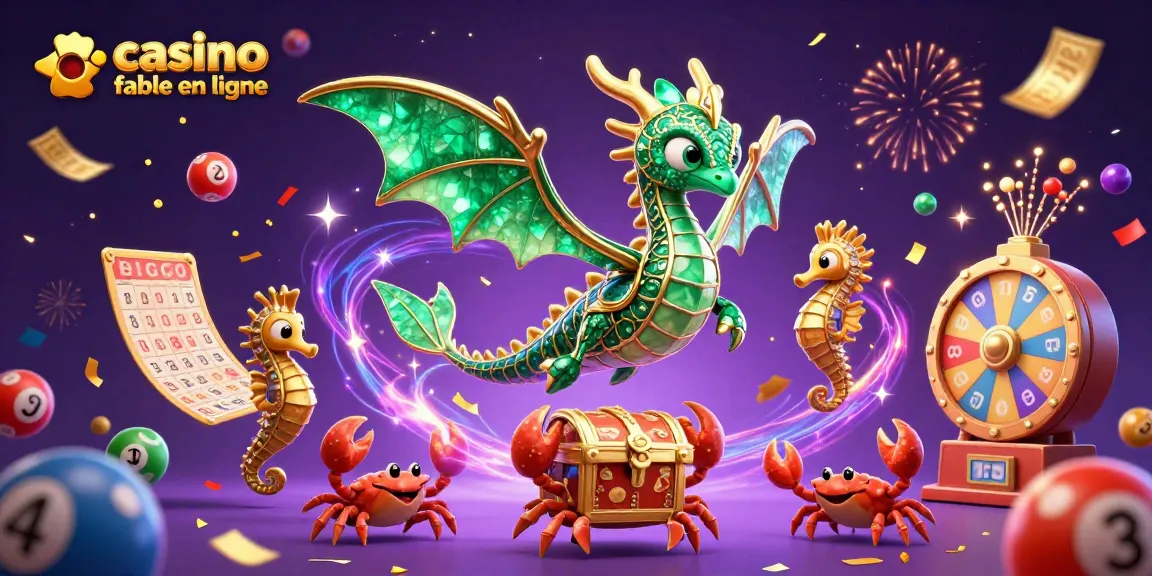 Casino fiable en ligne : dragon de mer entouré de jeux et instant gagnants, ambiance festive.