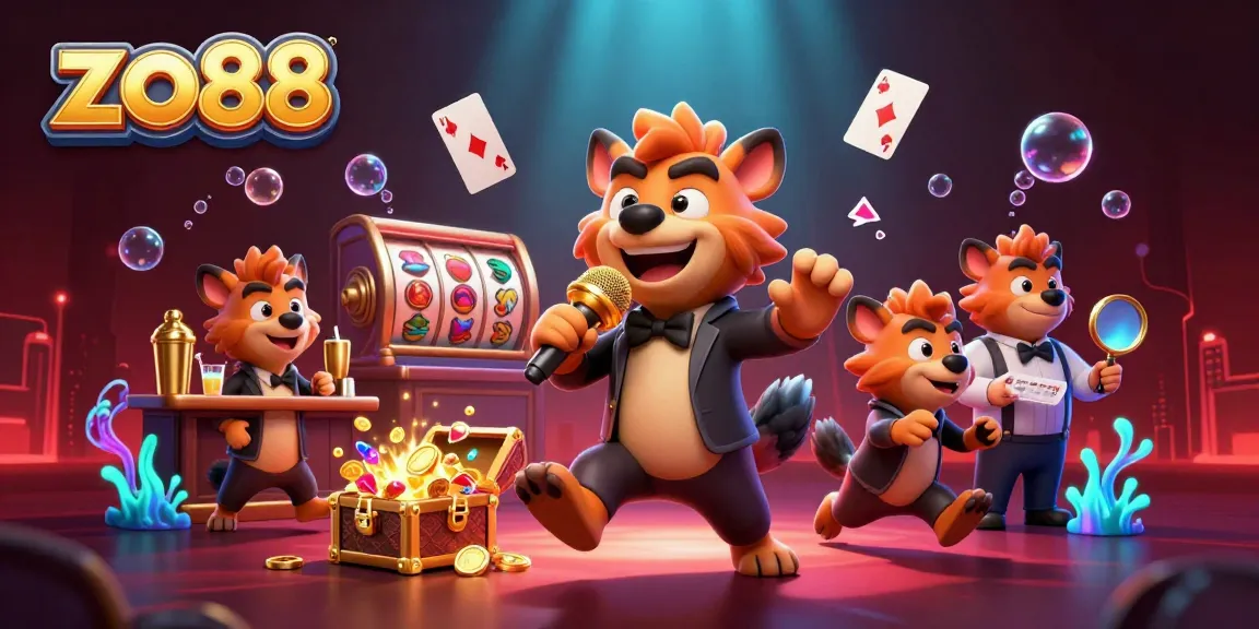 Experience the thrill at zo88's comedy casino with vibrant hyenas, gold treasures, and captivating casino elements.