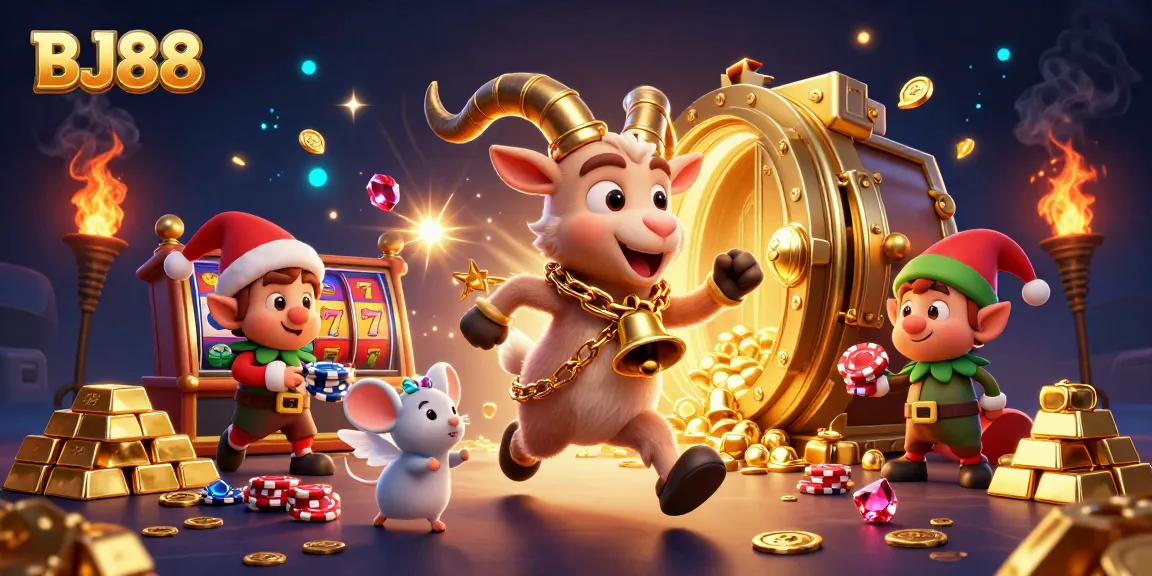 Experience winning moments at BJ88's vibrant casino with lively characters and treasures.