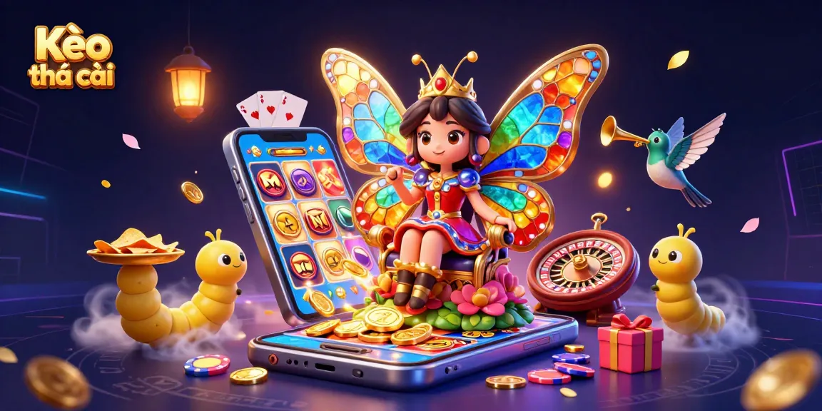 Experience the thrill of Kèo nhà cái with this vibrant illustration of a butterfly queen amidst casino elements.