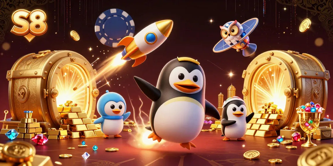 S8 offers thrilling adventures in online gambling as a penguin rockets towards a casino space station.