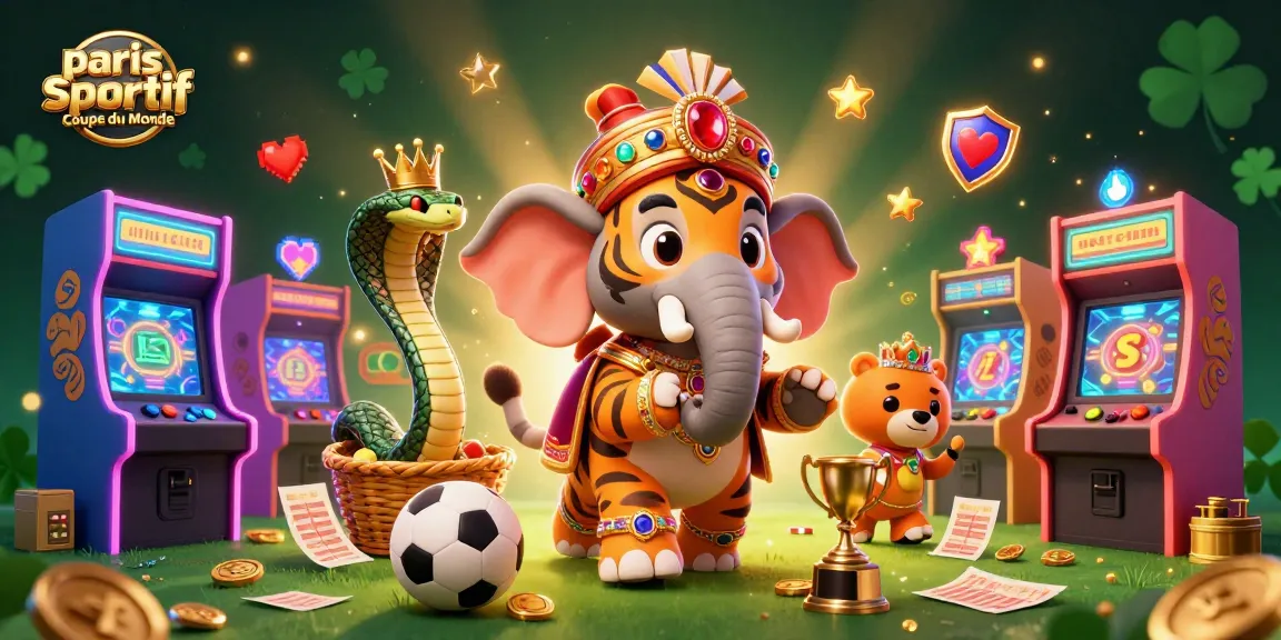 Pariez avec enthousiasme sur les paris sportif Coupe du Monde, entouré d'une ambiance colorée d'arcade et de trophées scintillants.