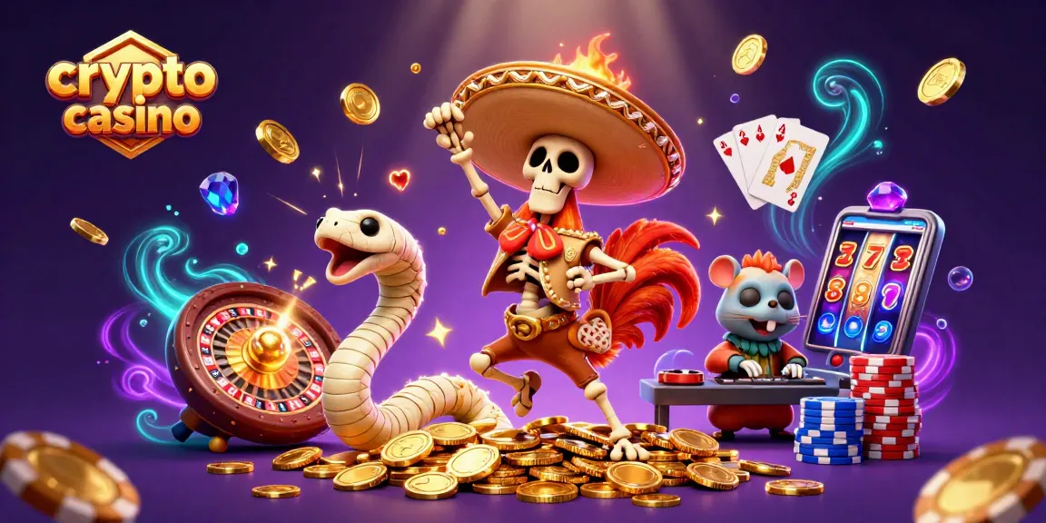 Un crypto casino vibrant avec un coq mariachi dansant sur des pièces d'or entouré de joyaux et de jeux de hasard.