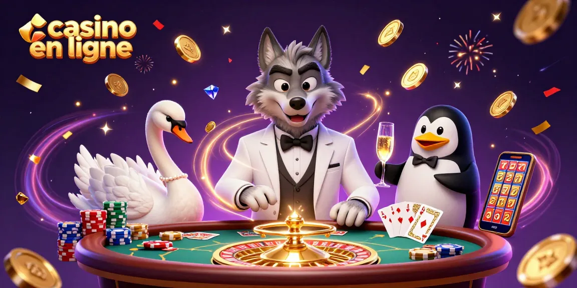 Casino en ligne : illustration d'un loup élégant au baccarat, avec jetons et pièces scintillantes.