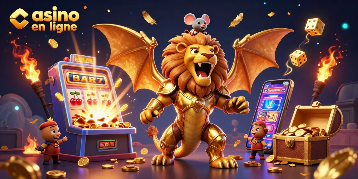 Plongez dans l'univers captivant du casino en ligne avec une chimère en armure dorée, accompagnée de machines à sous et de symboles gagnants.