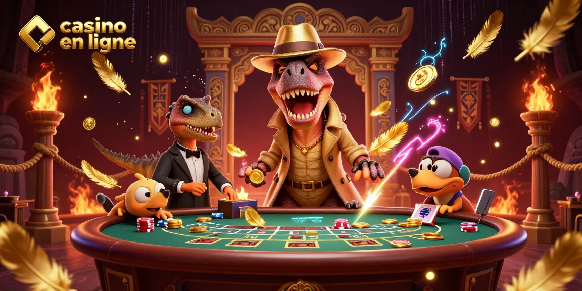 Jouez au casino en ligne avec un velociraptor comptant les cartes, entouré de jetons et de flammes.