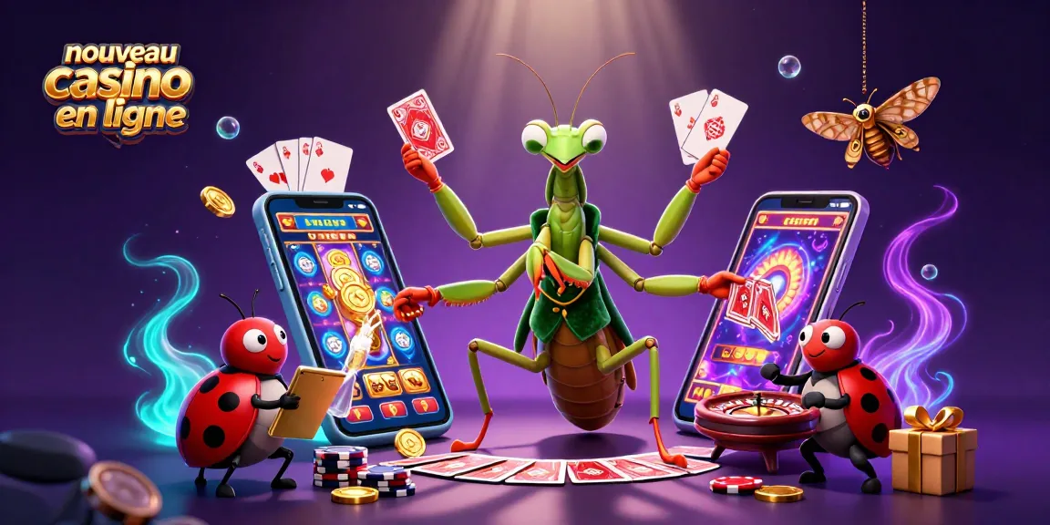 Découvrez un nouveau casino en ligne avec un caméléon géant jouant aux cartes et des éléments fascinants autour.
