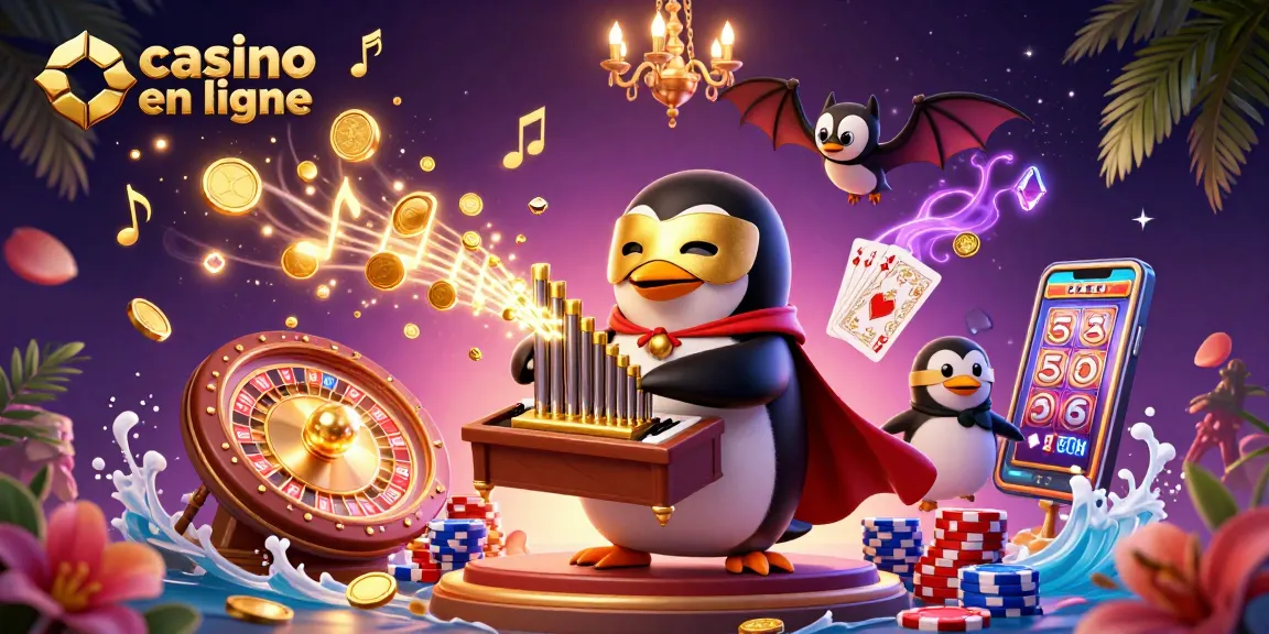 Vivez l'excitation du casino en ligne avec un manchot magnifique jouant de l'orgue et repoussant des pièces d'or.