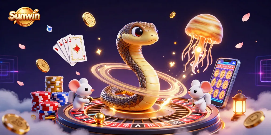 Engage with Sunwin's vibrant cosmic casino scene featuring a Saturn ring snake and animated astronaut mice betting.