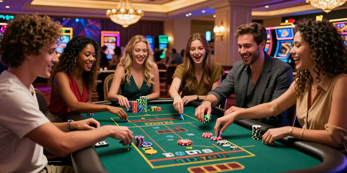 Groupe d'amis jouant au casino en ligne, ambiance conviviale et excitante, interactions joyeuses.