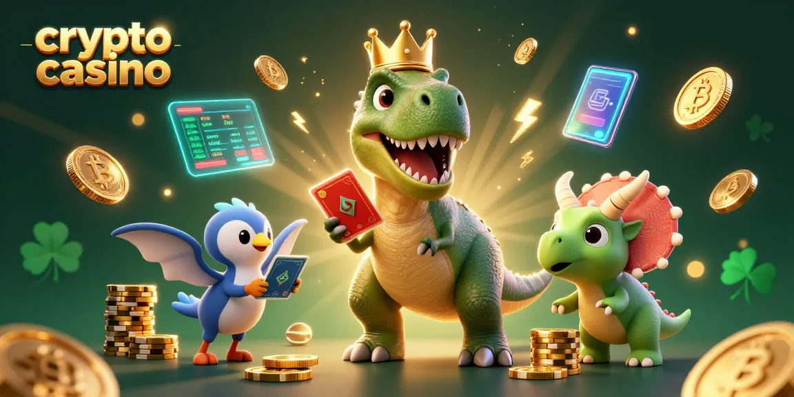 Une illustration 3D pleine de vie d'un T-Rex couronné, "crypto casino" en actions de jeu captivantes.